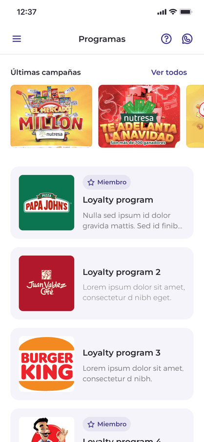 Grupo Nutresa loyalty app campaign list